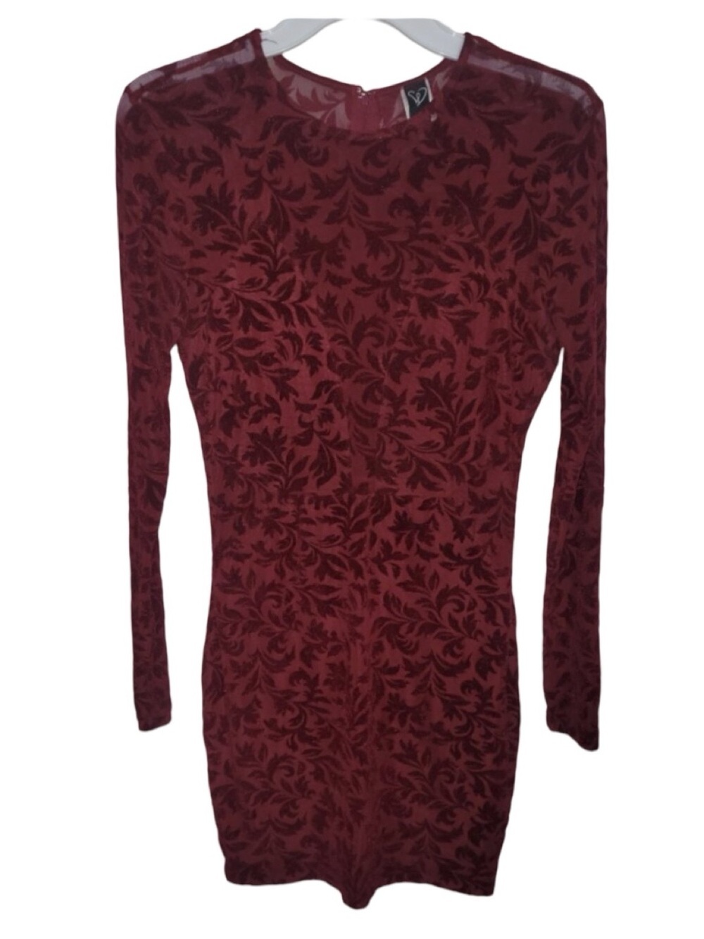 Windsor Burgundy Flocked Bodycon Dress Long Sleeve Mini Dress Size S